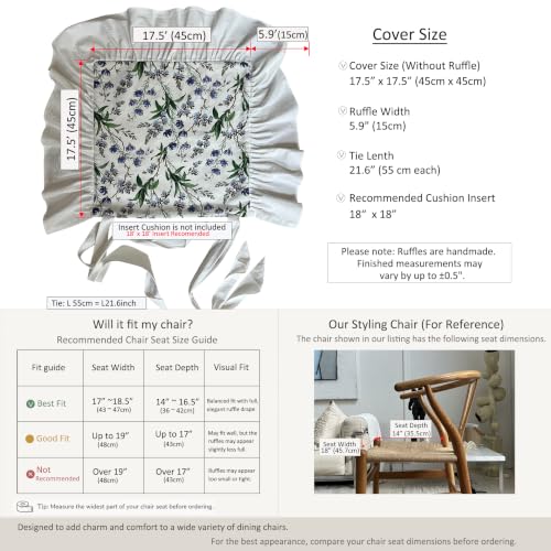 Korean Made Chair Pad Slipcover, 1 Cover, 17.5"x17.5" Chair Cushion Cover Ties with Ruffle Farmhouse Decor Covers Only, Gift for Mom (White Floral) Stocking Stuffer - color: White Floral
