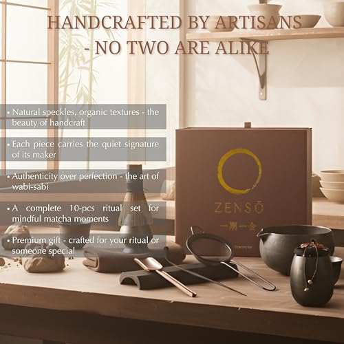 ZENSO Premium Matcha Whisk Set – 10 Piece Japanese Matcha Tea Ceremony Kit | Matcha Bowl, Tea Canister, Purple Bamboo Whisk, Whisk Holder, Sifter, Scoop & Scoop Holder, Cup, Cloth, Spoon - Dark Gray