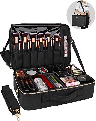 Relavel Makeup Case Large Makeup Bag Professional Train Case 16.5 inches Travel Cosmetic Organizer Brush Holder Waterproof Makeup Artist Storage Box, 3 Layer Large Capacity, with Adjustable Strap - color: Black Leather, size: Large