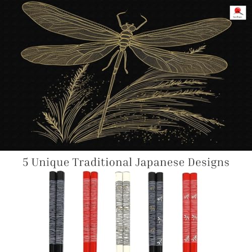 JapanBargain 5-Pair Bamboo Chopsticks Set, Dragonfly Japanese Design, Reusable Wooden Chop Sticks, 9 Inch, Dishwasher Safe, Eco-Friendly Utensils for Sushi Ramen Noodles Rice Bowls Asian Dining