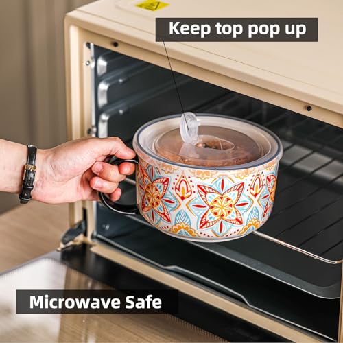 Jumbo Ceramic Soup Bowl with Lid, Microwave Safe - Pattern D - color: Pattern D, size: Set of 1