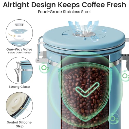 Veken Coffee Canister with Window, Airtight Stainless Steel Container, 22OZ - color: Light Blue, size: 22 oz