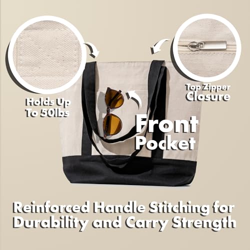 Carrywell (Not Made In China) Canvas Tote Bag With Front Pocket, 15"x 21", Reusable Grocery Shopping Bags, Top Zipper Closure - color: Natural W/Black Trim