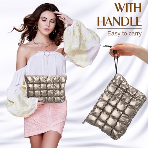 Hillban Champaign Gold Puffy Quilted Makeup Bag for Women Gift, Classic - color: Champaign Gold, size: Classic