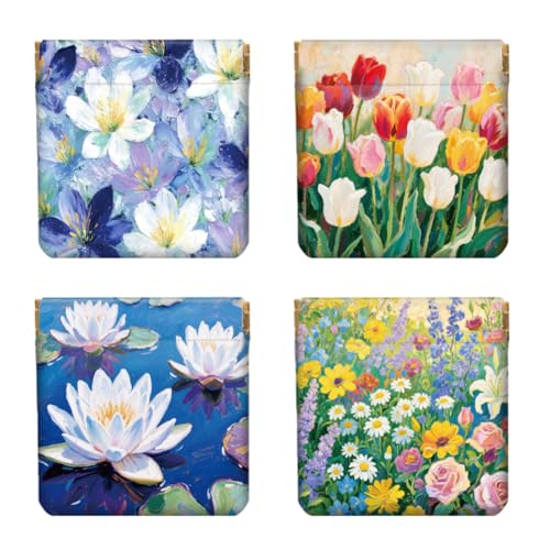 Peacoblue Oil Painting Flowers Coin Purse,PU Leather Squeeze Pouch 4PCS - style: Oil Painting Flowers