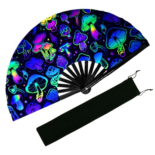 EOSAU Large UV Glow Rave Fan, Folding Hand Fans for Line Dancing, Mushrooms - color: 13" Mushrooms