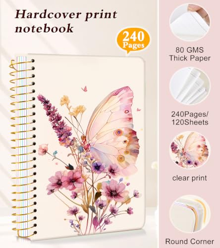 5 Subject Notebook College Ruled 240 Pages, A5(5.8"x8.3") Hardcover Spiral Notebook with Removable Dividers Tabs, Lined Spiral Journal Notebook for Women, Notebooks for Work School，ButterflyBouquet - color: -Butterflybouquet, size: A5