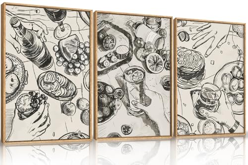 LHIUEM Large Retro Sketch Cheers Framed Canvas Wall Art,Food and Drink Wall Decor,Mid Century Gatherings Dinner Wall Painting,Abstract Black and White Art Prints for Kitchen,Dining Room - 16"x24"x3 - color: Sketch Cheers Wall Art, size: 24"L x 16"W