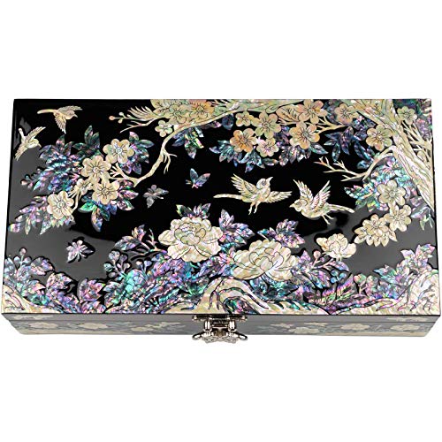 February Mountain Mother of Pearl Large Jewelry Box with Ring Tray - Handmade Unique Gifts for Women - Abalone Shell Keepsake Decorative Box - style: Plum Blossom