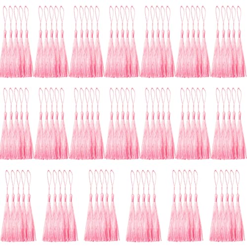 100 Pcs Pink Mini Tassels 13cm/5 Inch with Loops for Bookmarks, Jewelry Making, DIY Projects - color: Pink