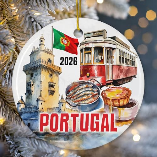 Portugal 2026 Souvenir Travel Collage City Icons Scene Christmas Ornament, 3-Inch Round Ceramic