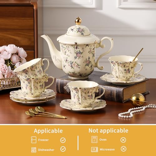 TATSUMI Country Roses Porcelain Tea Set, European Ceramic tea set for adults,Vintage Style, For Women and Tea Parties (Yellow, 13 Pieces Set) - color: Yellow, size: 13 Pieces Set