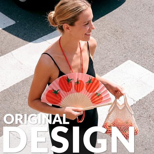 Fisura – Original Folding Fan with Tomato Print. Colorful Wooden Folding Fan in red with Strap Included. Fun Gift idea for Travel Beach Days or Summer Events. 16.7 x 9 in. - color: Tomatoes, Red