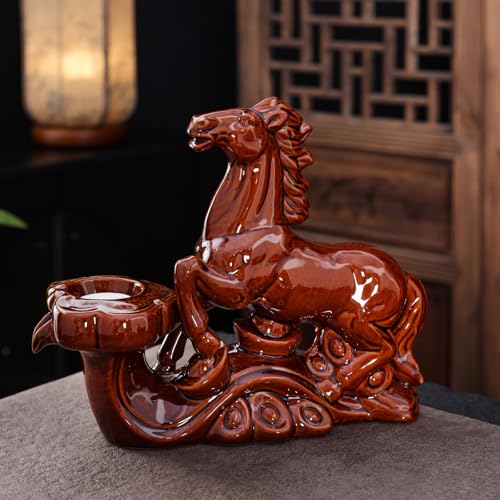 Chinese Gongfu Tea Set - Ceramic Teapot with Infuser, 8 Cups, Semi Automatic Horse Design for Loose Leaf Tea - color: Red Horse - A