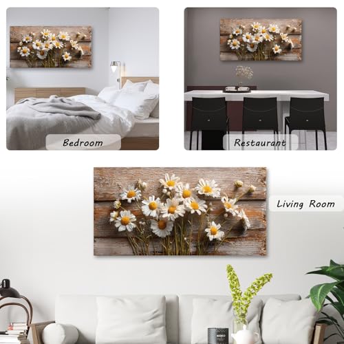 KZKU Wall Art Floral Canvas Print Rustic Daisy Painting Farmhouse -White Flowers on Weathered Wood Background- Modern Hmoe Decor for Living Room Bedroom 20X40in - color: brown, size: 40"L x 20"W