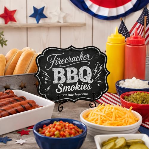 Patriotic BBQ Table Sign for Hot Dog Stand, Wooden Independence Day Food Display with Metal Stand, 5 x 7 Inch Buffet Decor for Restaurant, Food Truck, Cookout - A05 - color: DLR A05