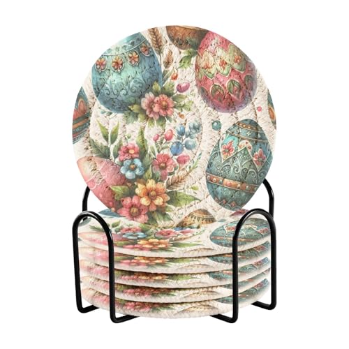 Watercolor Vintage Easter Drink Coasters Set - 6 Pcs Minimalist Woven Coasters with Holder for Home Decor, 3.94 Inch Absorbent Coasters for Drinks - color: D30