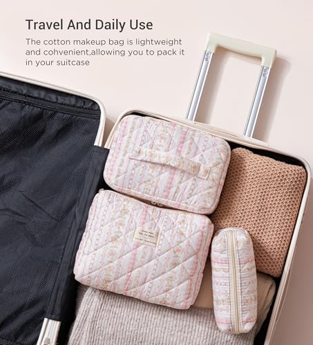 HBselect Quilted Makeup Bag, 3Pcs Cotton Large Travel Makeup Bags Organizer - color: A-3PCS-Floral 25