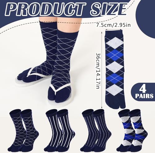 4 Pairs Tabi Socks for Men Split Toe Flip-flop Cotton Crew Socks - color: Blue
