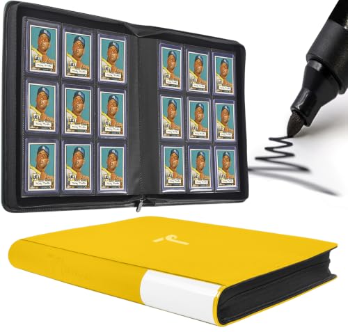 Top Loader Binder 9 Pocket, Holds 360+ Cards in 3" x 4" Toploaders, Ringless 20 Double-Sided Sleeves, Side-Loading, Spine Label with Maker Pen Toploader Binder for TCG, MTG, Sports Cards - color: Gold, size: 9-Pocket, Holds 360 Cards