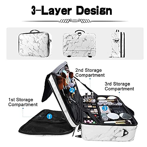 gzcz Large Capacity Travel Makeup Case Organizer,Professional Cosmetic Bags for Women,Waterproof PU Leather Makeup Bag with Adjustable Dividers and Shoulder Strap for Brushes and Jewelry - color: Marble White, size: Large