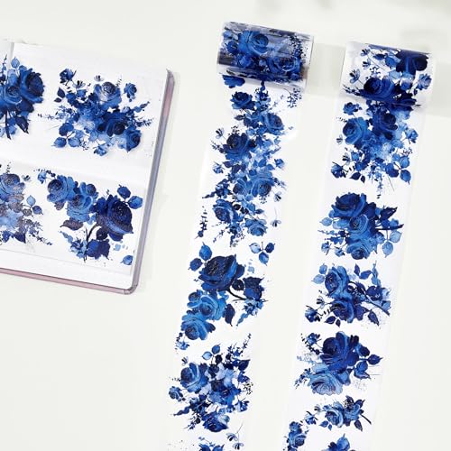 WT Cobalt Blue Wide PET Tape, Single Roll, Original Designs, Floral Decors, Transparent Clear Adhesive, Junk Journal Scrapbook Bujo Planner DIY Craft Supplies Gifts, Watercolor Flower - color: Cobalt Blue Wide PET Tape