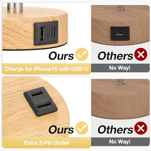 Fenmzee Bedside Table Lamp for Bedroom - Dimmable Touch, USB A+C, AC Outlet - color: Cream Shade-Wood Base, size: 14"