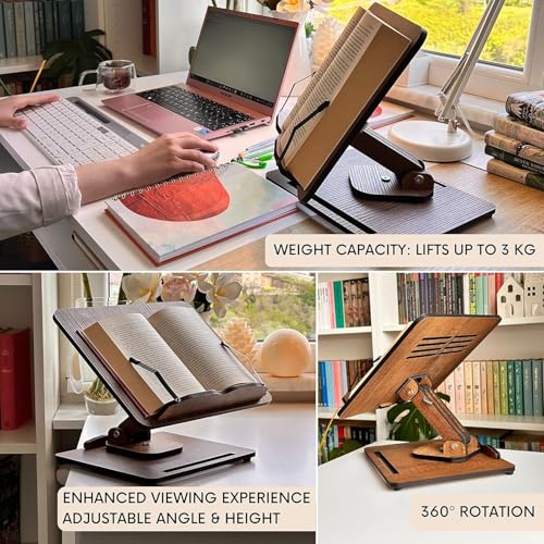 Vigo Wood 360° Rotating Book Stand, Tilt and Height Adjustable Laptop and Cookbook Holder, Foldable Reading Desk (Walnut)