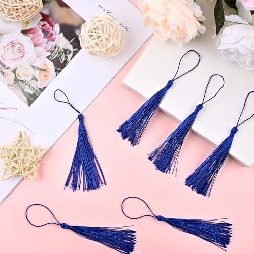 NACHLYNN 120 Pcs Bookmark Tassels Bulk 13cm/5 Inch Silky Handmade Soft Craft Mini Tassels for Jewelry Keychain Making with Loops for Dress Decoration DIY Craft Accessory (Royal Blue) - color: Royal Blue