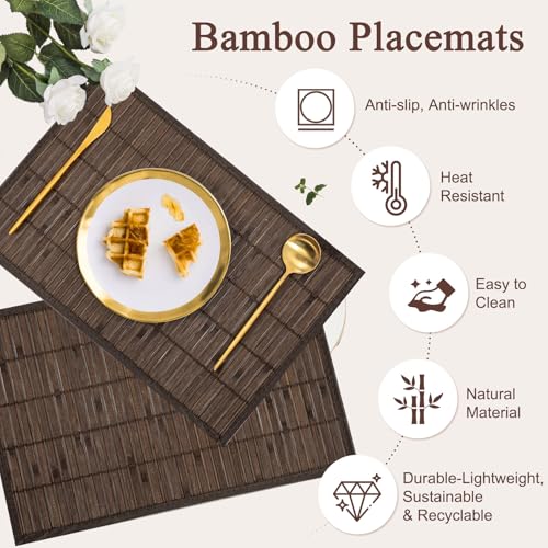 Bamboo Placemats Set of 4 with Fabric Border, Table Mats, Coffee - color: Coffee Color, size: Set of 4