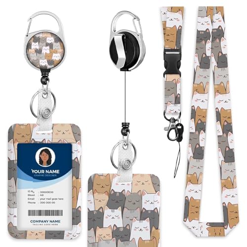 Cute Cartoon CatsBadge Holder with Retractable Badge Reel Carabiner Clip Cat Face Card Case for Women Nurse Teacher Student - color: Cute Cartoon Cats