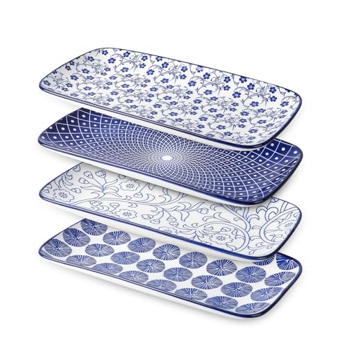 Selamica Ceramic Rectangular Salad Plates Set, Dinner Plate 9.4 Inch Dessert Plates for Party Entertaining, Small Serving Plates for Appetizers, Sushi, Fruit, Set of 4, Vintage Blue - color: Vintage Blue, size: 9.4 Inch, Set of 4
