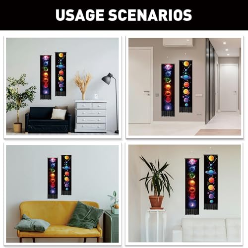 PLIGREAT 2 Pack Planets Tapestry with Tassels, Colorful Stars Art Wall Hanging Vertical Galaxy Solar System Home Wall Tapestry for Bedroom Living Room Long Narrow Decor, 52" x 13" - color: rainbow color