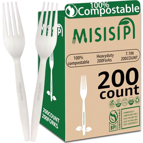 MISISIPI [7.1In 200Pcs] 100% Compostable Forks Biodegradable Forks HeavyDuty No Plastic Forks Eco-friendly HeavyWeight Disposable Forks Tableware Set for Lounge,Party,BBQ,Cafeteria,Wedding,Picnic - style: FORKS-200