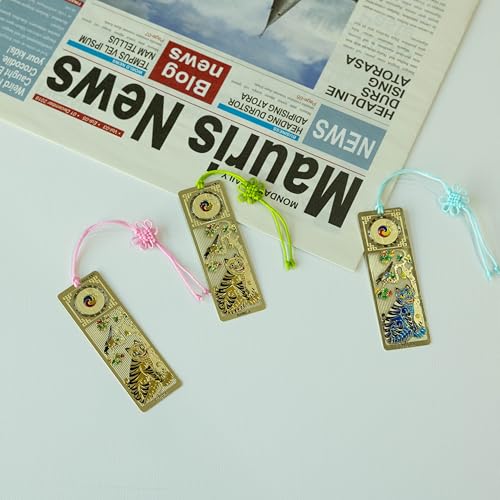 Korean Bookmark Set 3 Pack with Tassels Blue and Gold Metal Page Holder Reading Accessories for Book Lovers Cute Bible Bookmark Gift 1x3 Inch (Gold Tiger) - color: Gold Tiger