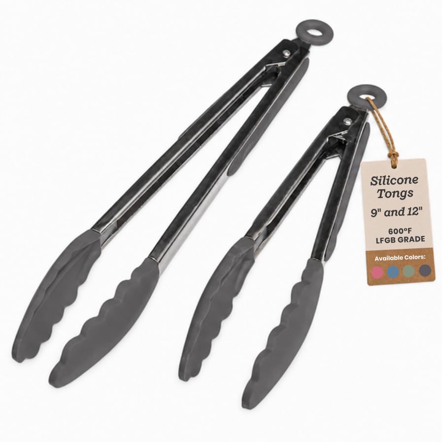 Starpack Get a Grip Silicone Kitchen Tongs (2-Pack, 9" + 12") - LFGB Non Toxic, 600°F Heat Resistant, BPA-Free - Heavy-Duty Stainless Steel, Locking - Dishwasher Safe for Nonstick Cookware - color: Gray/Black, size: Set of 2 (9" & 12")