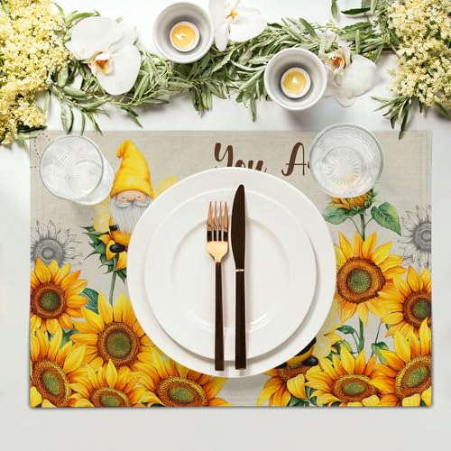 Giwawa Bee Gnomes Placemats Set of 4, 12x18 Inch Vintage Summer Sunflowers Linen Place Mat, Sunshine Floral Heat Resistant Washable Table Mats Kitchen Dining Seasonal Farmhouse Decor - color: Bee Gnome
