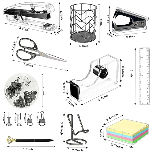 Office Desk Accessories, Acrylic Stapler, Staple Remover, Tape Holder, Pen Holder, Ballpoint Pen, Scissor, Binder Clips, 1000pcs Staples, Phone Holder, Ruler, Transparent Glue and 300 Notes - color: Black