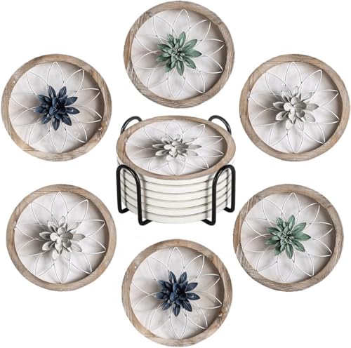 Nikyi 6 Pcs Rustic Wooden Metal Flower Art Ceramic Absorbent Coasters, Round Drink Coaster with Metal Holder and Cork Base, for Coffee Table Kitchen Bedroom Living Office Desk Home Decor or Gifts - color: Rustic Wooden Metal Flower Art