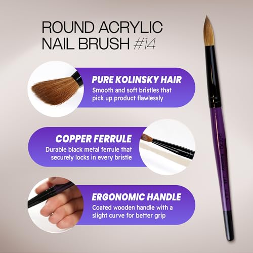 PANA Pure Kolinsky Hair Acrylic Nail Brush - Round Shape Black Ferrule with Purple Wood Handle (Size 14) - for Acrylic Nail Application, Nail Extension, Manicure Pedicure Salon Beginner & Professional - color: Purple, size: Size 14