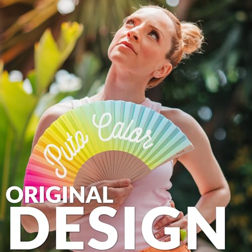 Fisura – Original Folding Fan with Message “P*to calor”. Rainbow Handheld folfing Fan for Women. Glows in the Dark. Fans for Wedding, Party, Birthday, Gift, Decorations. - color: Calor, Rainbow