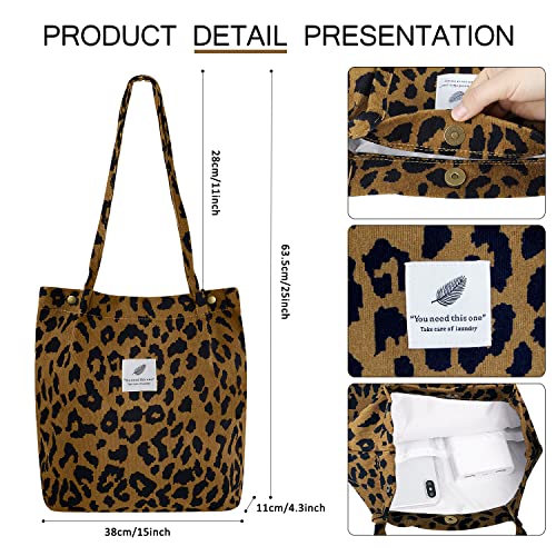 Ayieyill Corduroy Tote Bag for Women Canvas Shoulder Cord Purse with Inner Pocket - color: Brown Leopard