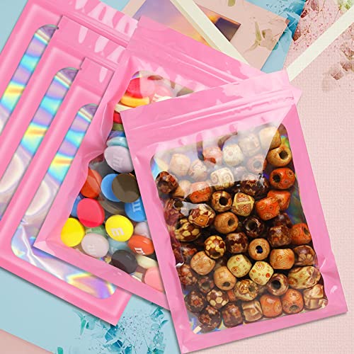 Funfery 100pcs Pink Mylar Holographic Bags-Resealable Zipper&Clear Window - color: Pink, size: 5.1 x 8.3 Inch