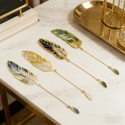 4Pcs Fantasy Feather Bookmarks for Books, Metal Bookmark with Chain, Unique Reading Accessories for Women Book Lovers, Teachers, Students - style: 4Pcs Feather