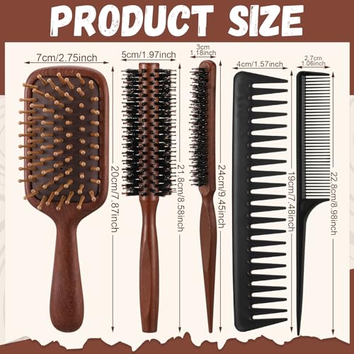 ProSuites Wooden Color Hair Brush and Comb Set for Women Men and Kids, Wood Wide-tooth brush and tail comb - Detangling Brush for Wet Dry Curly Hair - color: Wooden Color