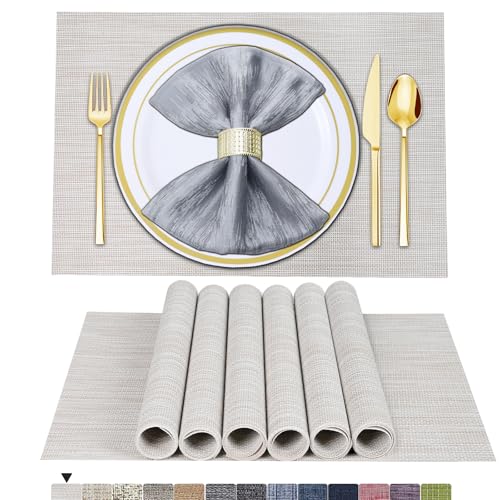 BETEAM Placemats Set of 6, Woven Vinyl Placemat for Dining Table Washable Wipeable Kitchen Place Mats Durable Indoor Outdoor Table Mats - color: Beige Grey, size: 6 Pcs