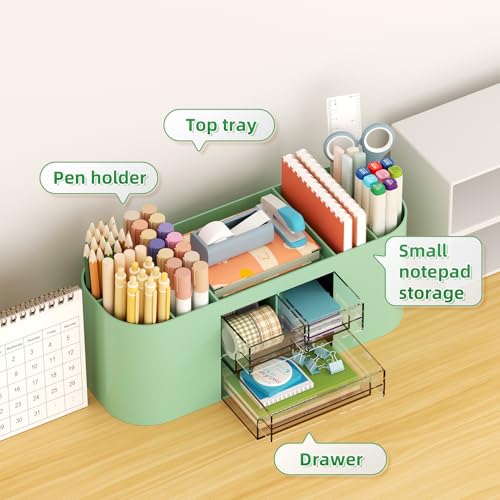 Marbrasse Desk Organizer Pen Holder for Desk with 3 Drawers, Multi-Functional Pencil Holder, Desk Organizers and Accessories with 7 Compartments for Home, School, Classroom(Green) - color: Green