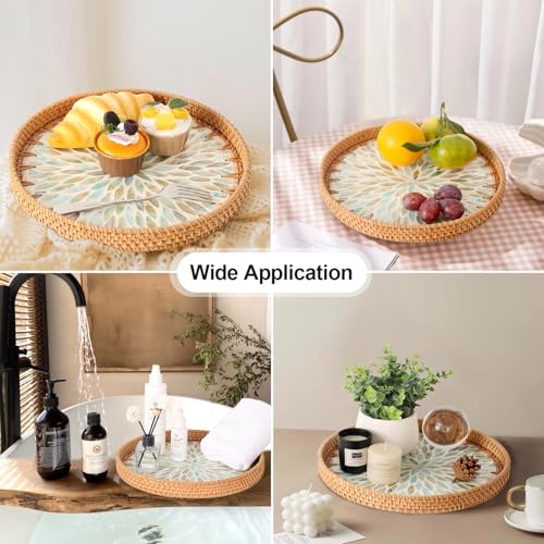 Round Rattan Tray with Mother of Pearl Inlay, Rattan Serving Tray for Coffee, Bread, Fruits, Decorative Wicker Tray for Table Decor, Home Decor, Kitchen Island Decor (Ambilight, 11.8")