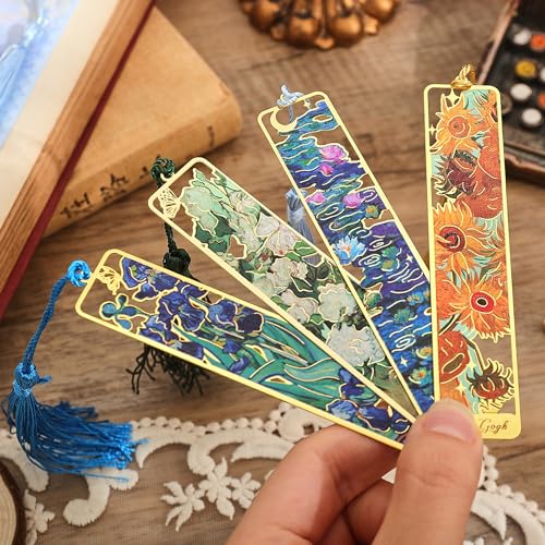 4 Pieces Metal Bookmarks with Tassel, Golden Hollow Bookmark Oil Painting Theme Book Mark Bookmarks for Book Lovers Writers Readers Children Teens Men Women Adults - style: 4Pcs Flowers