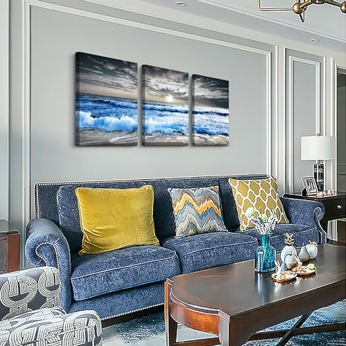 MHARTK66 3 Panel Blue Beach Canvas Wall Art for Home Decor Bedroom Wall painting Sunset White Wave Beach Pictures on Canvas Sea View Canvas Prints Artwork for Wall Decor Living Room Decorations - color: Blue Sea Waves Wall Painting, size: 16x24inches*3pcs